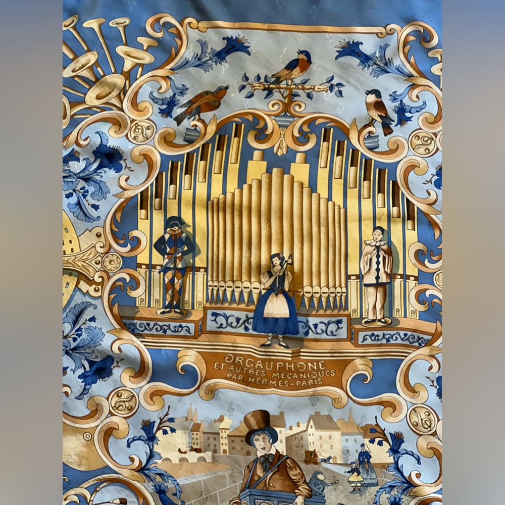 Hermes Scarf “Orgauphone et Autres Mecaniques" Blue.  100% Silk Scarf 35"